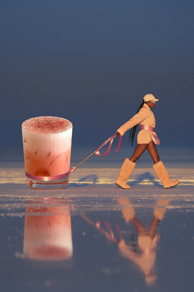 Tiny figure walking a cocktail on a leash