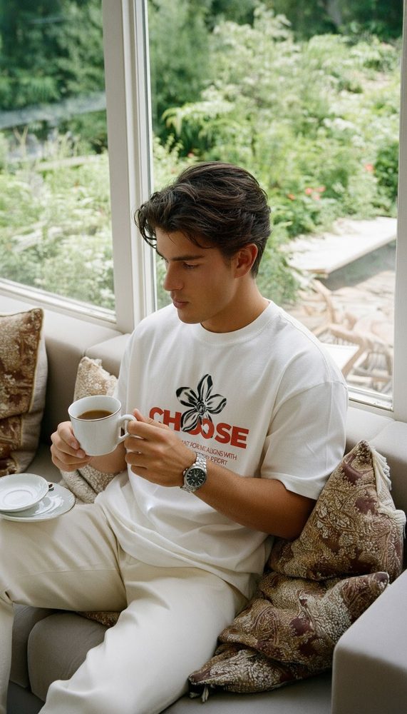 Model on a sofa in a white Choose T-shirt