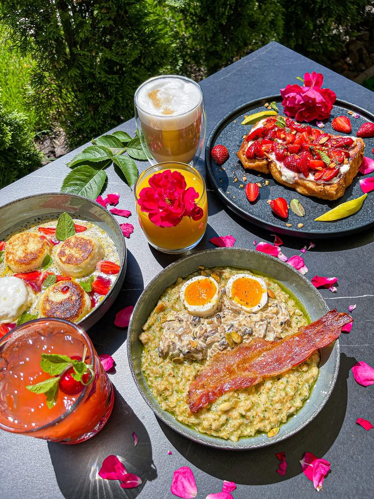 Breakfast spread with flowers