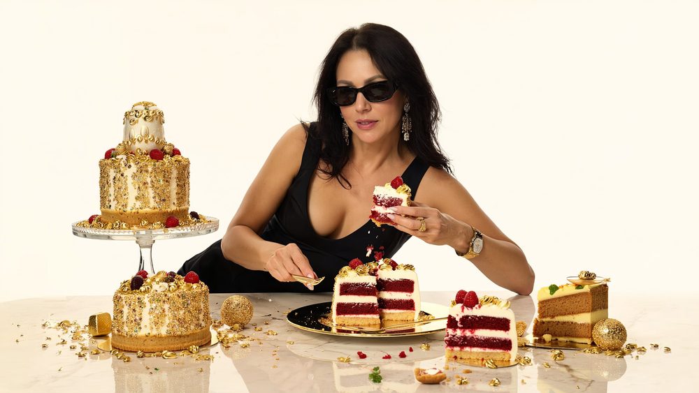 One of the portraits from the session: sunglasses and a golden cake