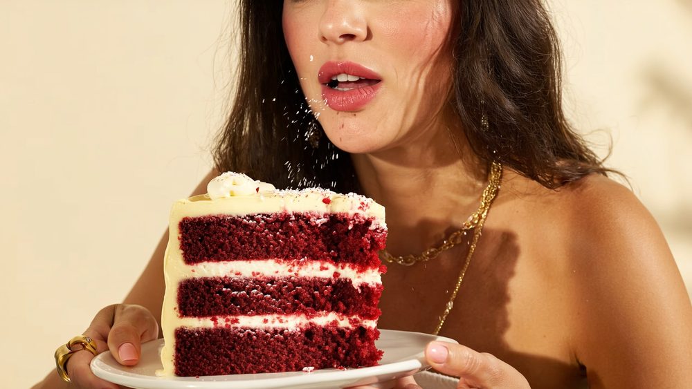 Close view of a slice of red velvet cake