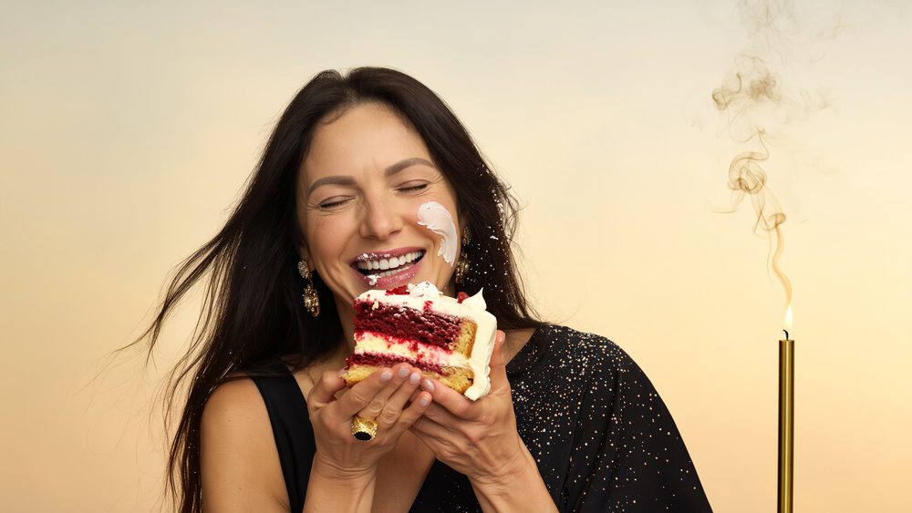 Woman laughing with a slice of cake