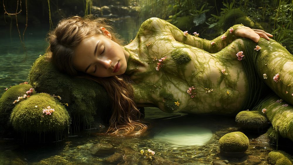 Portrait sleeping in a mossy forest pool