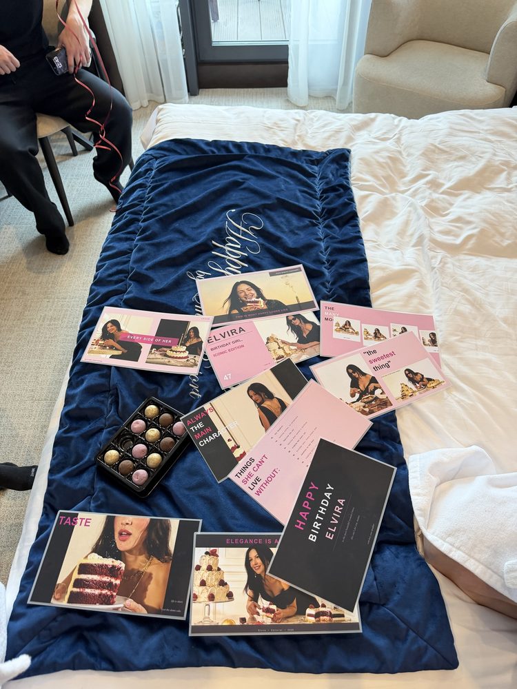 The printed cards laid out on blue fabric