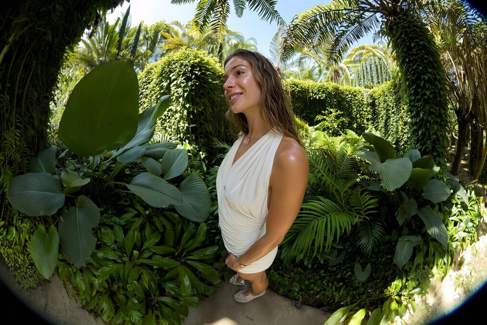 Fisheye portrait in a tropical garden