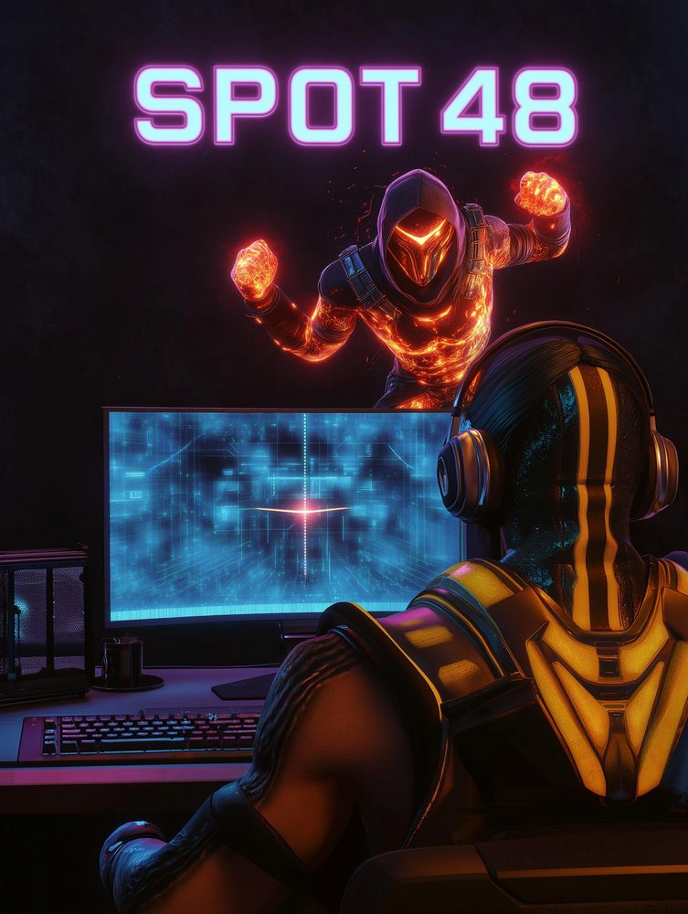 Armoured gamer under a neon Spot 48 sign