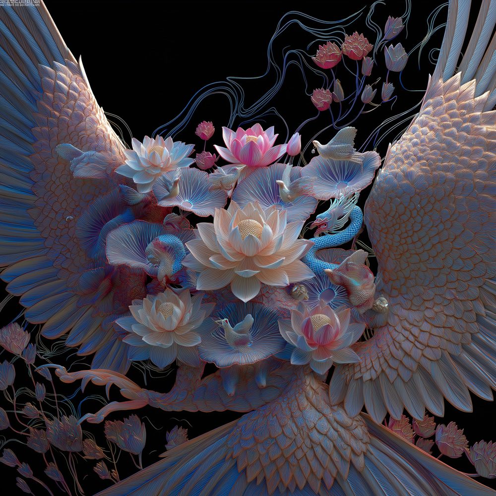 Wings and lotuses on black