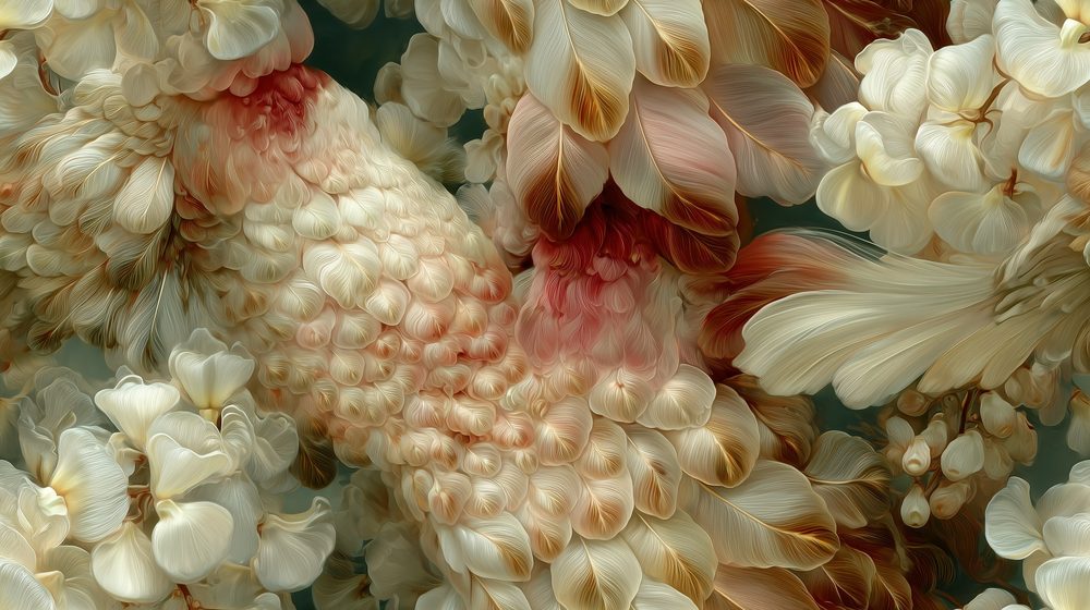 White bird among peonies
