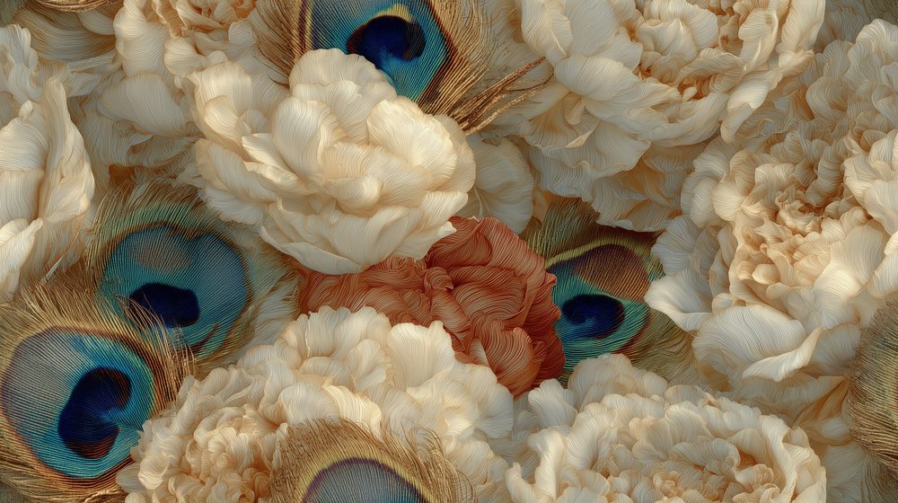 Peonies and peacock feathers