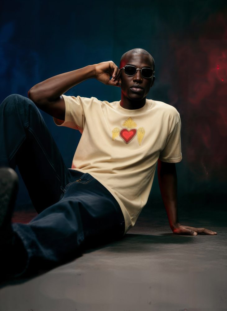Model reclining in a cream heart T-shirt